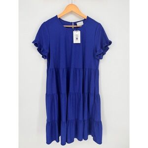 Royal Blue Swiss Dot Tiered Mini Dress Ruffle Sleeve Pockets Large Soft girl